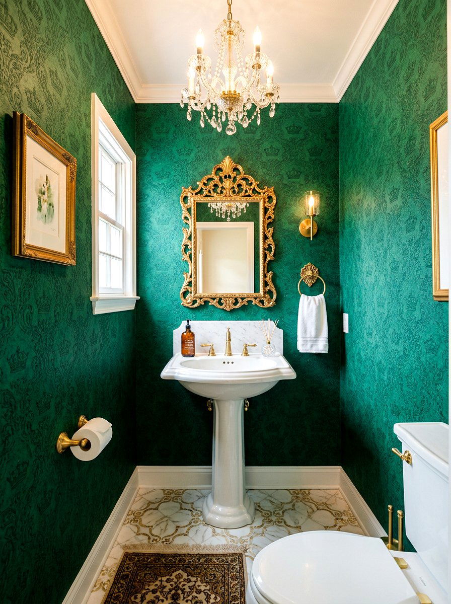 Emerald green wallpaper - 30 jewel box powder room wallpaper ideas