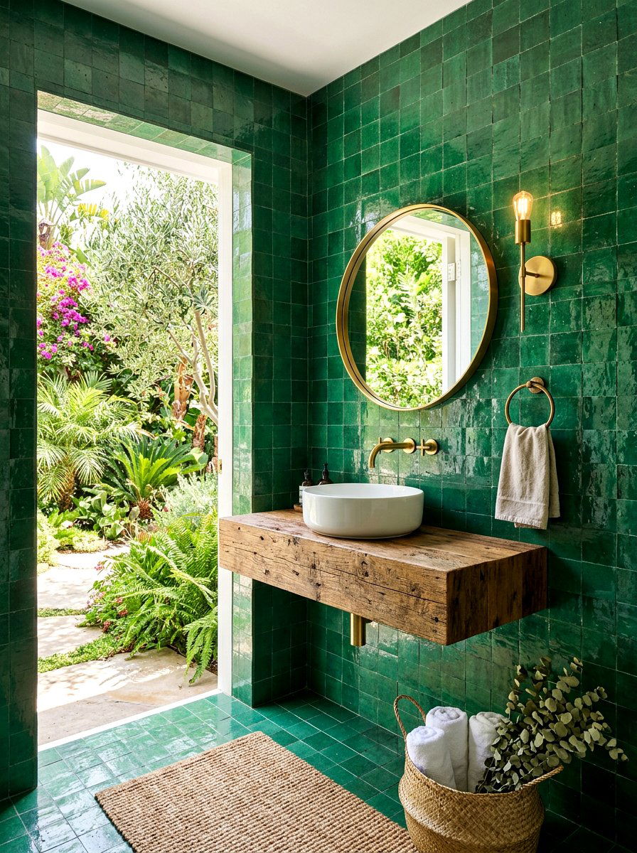 Emerald green zellige tile powder room - 30 jewel box powder room ideas