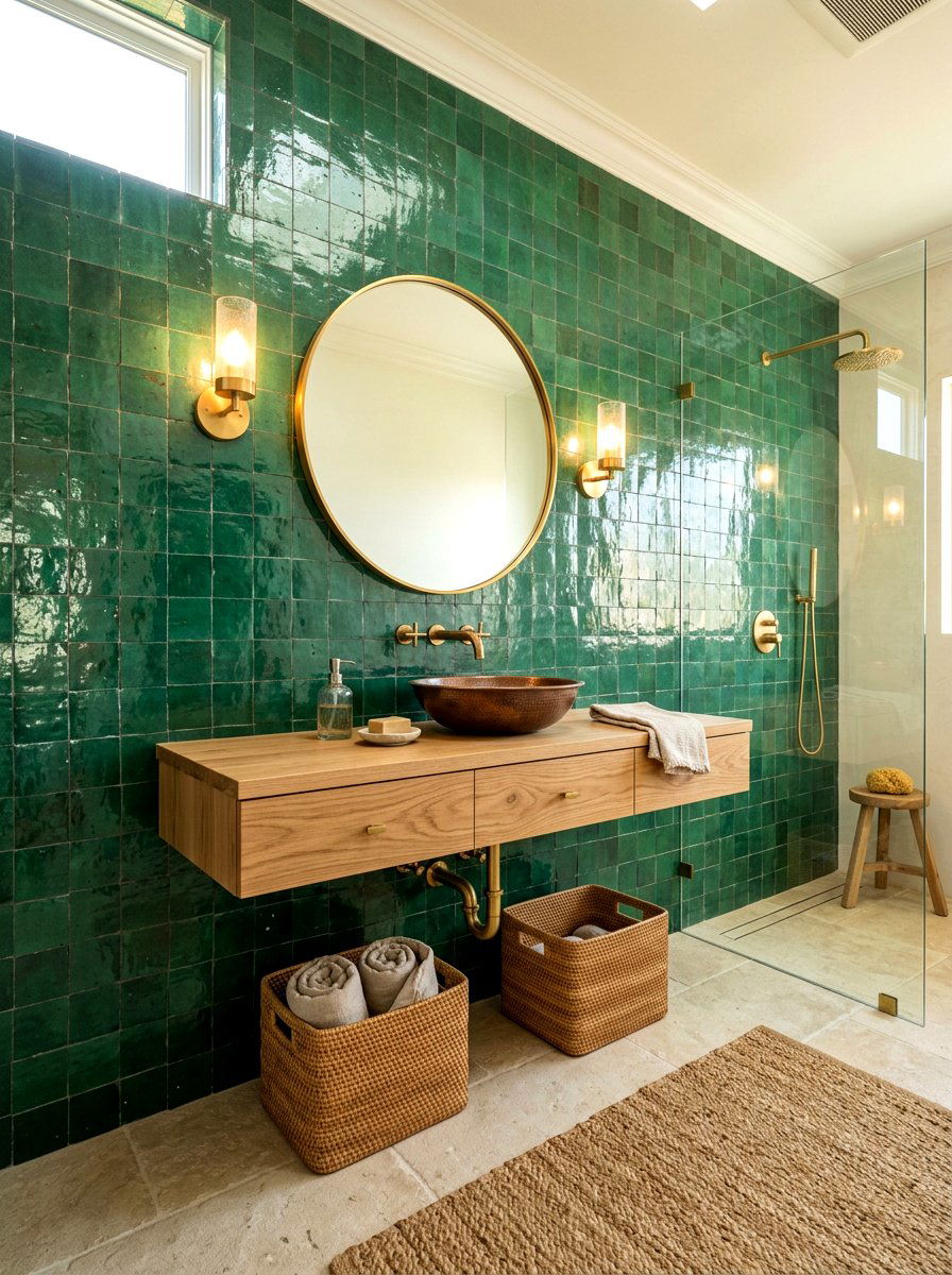 Emerald green zellige wall tile - 30 removable tile bathroom ideas