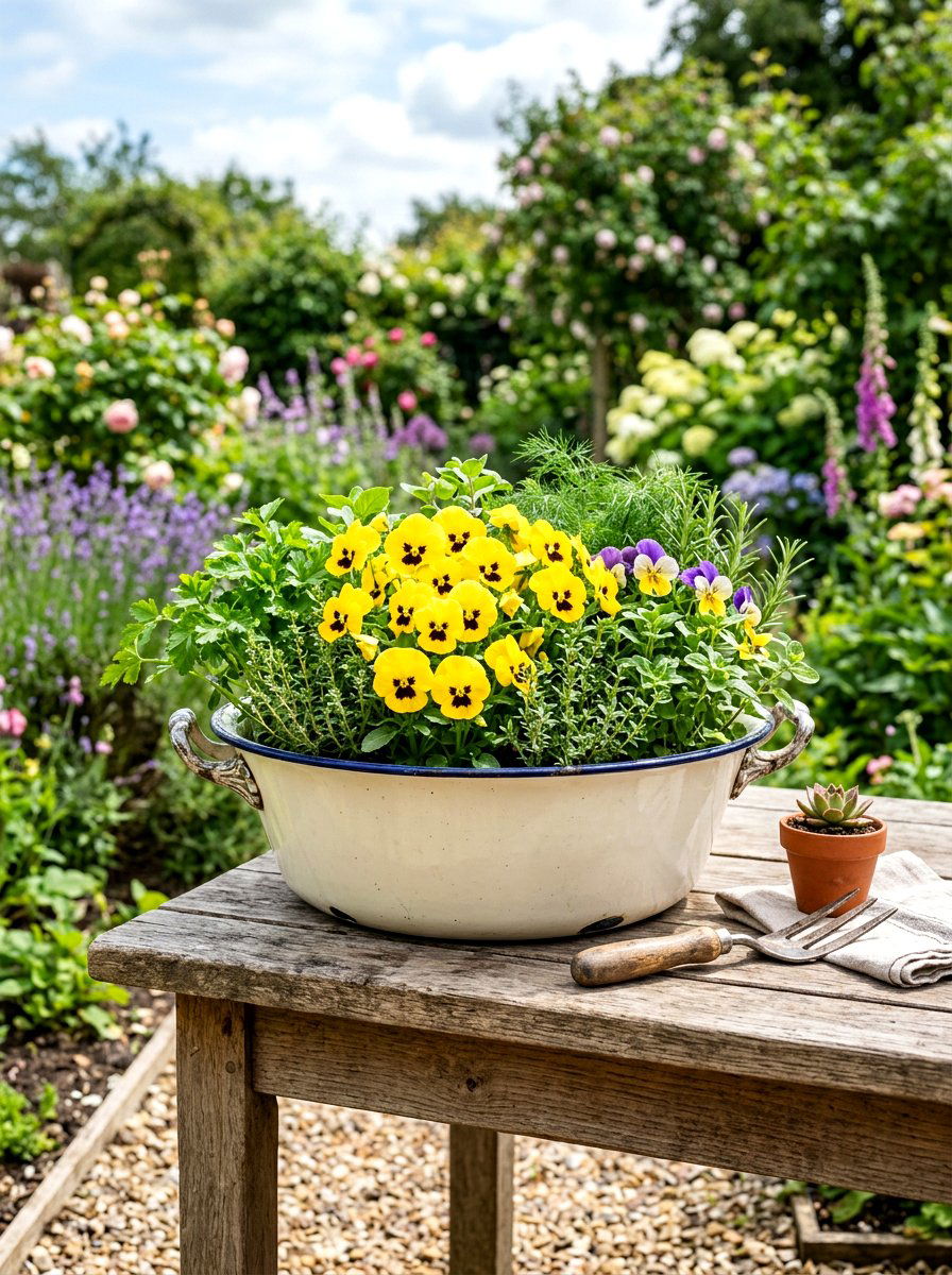 Enamel Wash Basin - 30 rustic container garden ideas