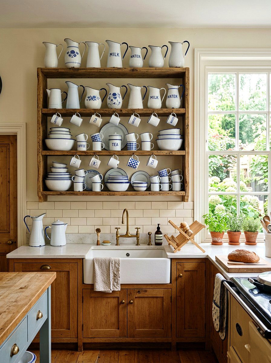 Enamelware Collection Display - 30 vintage farmhouse kitchen ideas