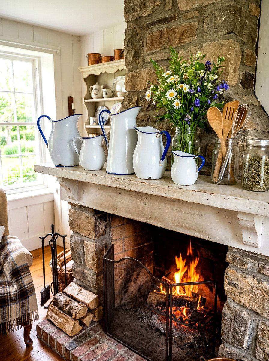 Enamelware Pitcher Grouping - 30 vintage mantel styling ideas