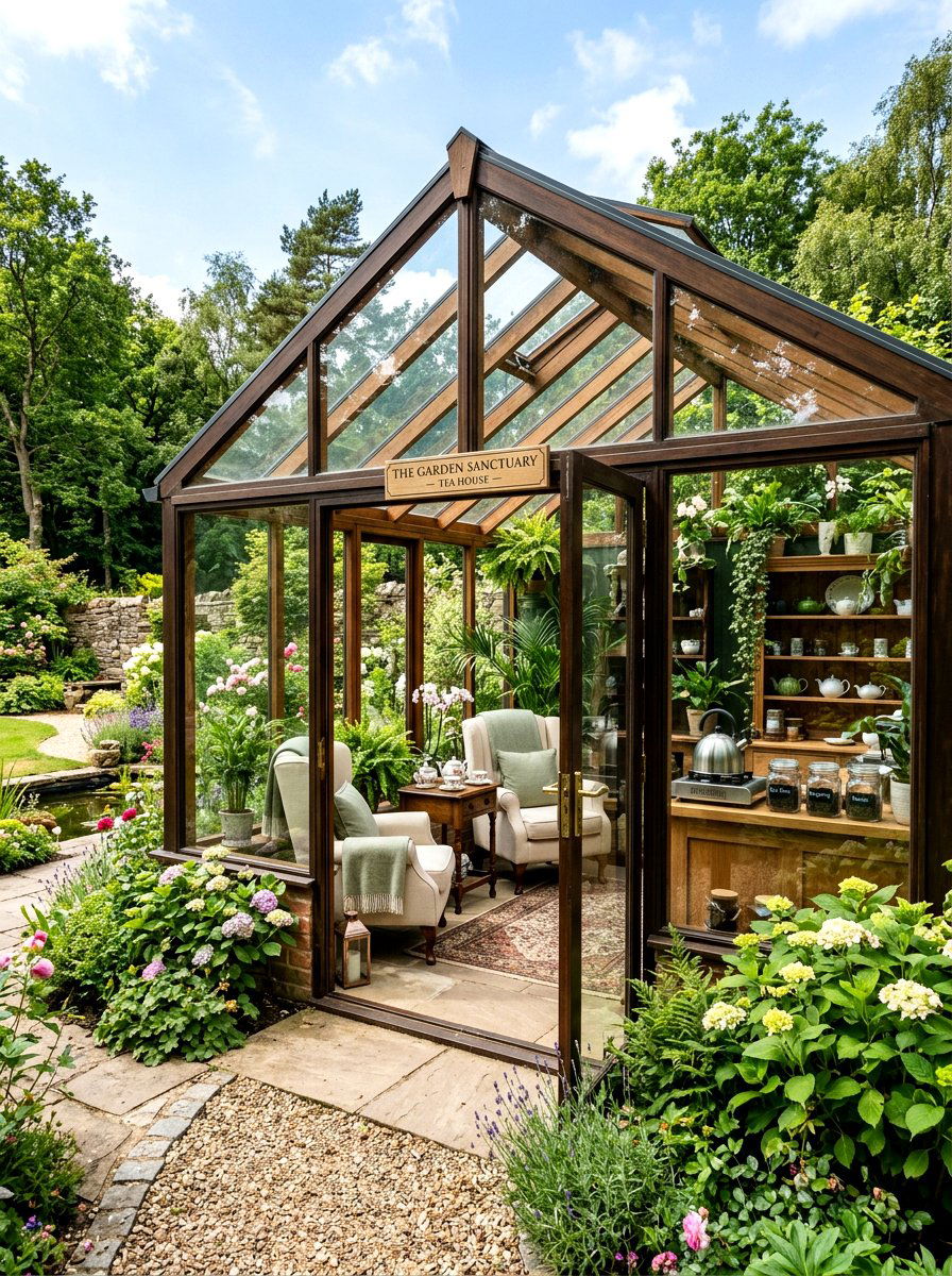 Enclosed Glass Tea House - 30 tea garden corner ideas