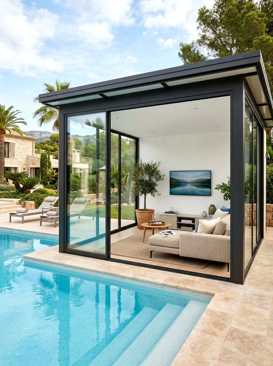 Enclosed Pool Side Room - 30 pool cabana ideas