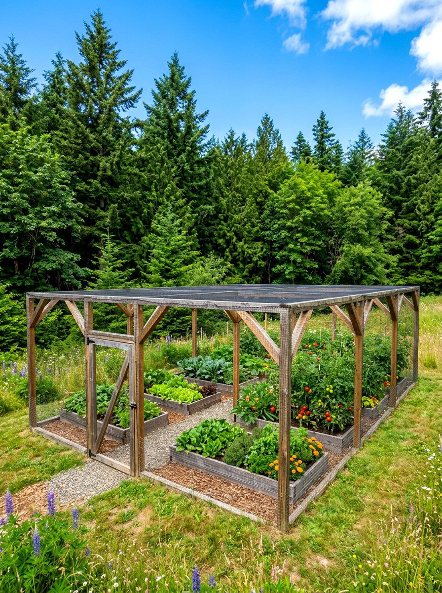 Enclosed garden with deer fence - 30 wood raised bed ideas