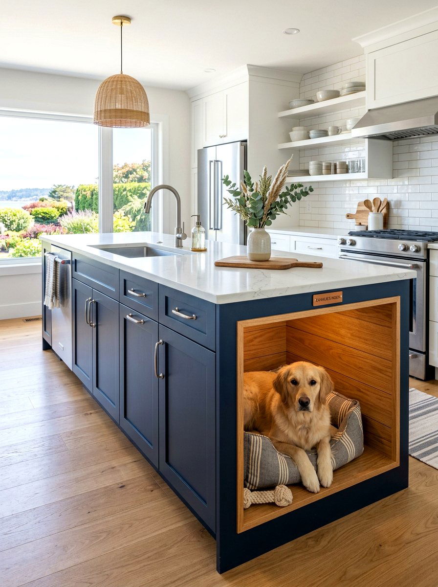 End Of Cabinet Dog Nook - 30 aesthetic pet station kitchen ideas