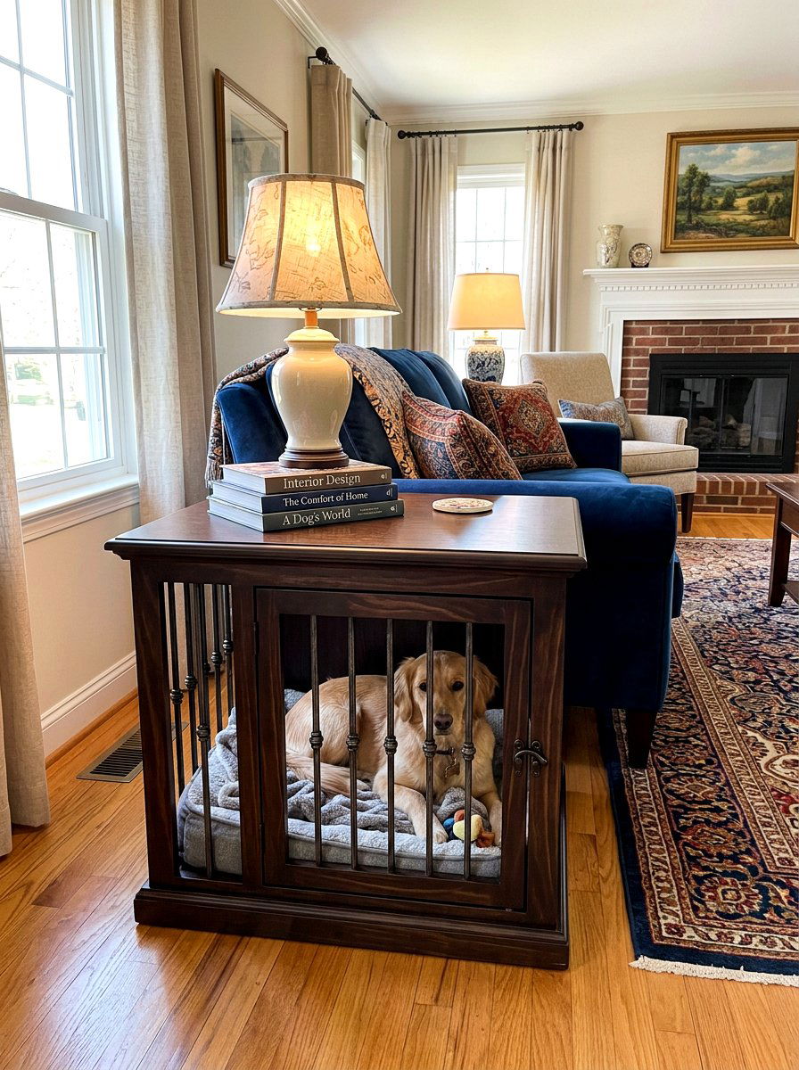 End Table Dog Crate - 30 pet corner living room ideas