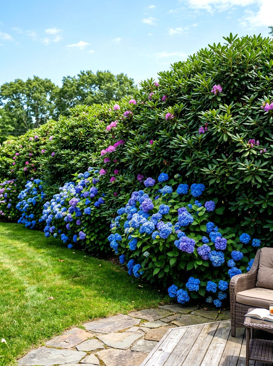 Endless Summer hydrangea and rhododendron bed - 30 evergreen and hydrangea landscape ideas
