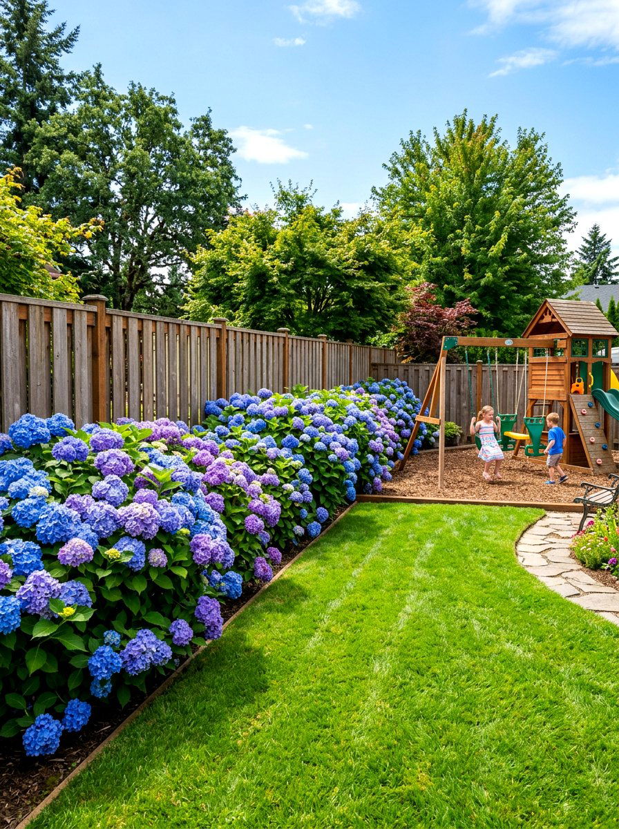 Endless summer hydrangea backyard edge - 30 hydrangea hedge ideas