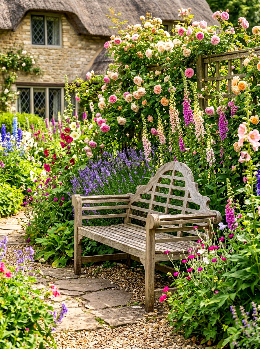 English Cottage Garden Bench - 30 tea garden seating ideas
