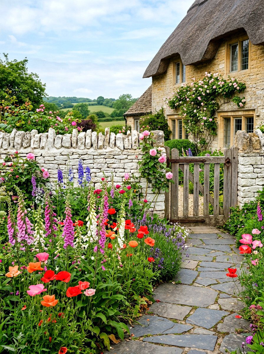 English Cottage Stone Barrier - 30 limewashed wall backyard ideas