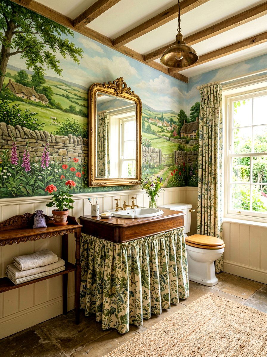 English Countryside Mural - 30 landscape mural powder room ideas