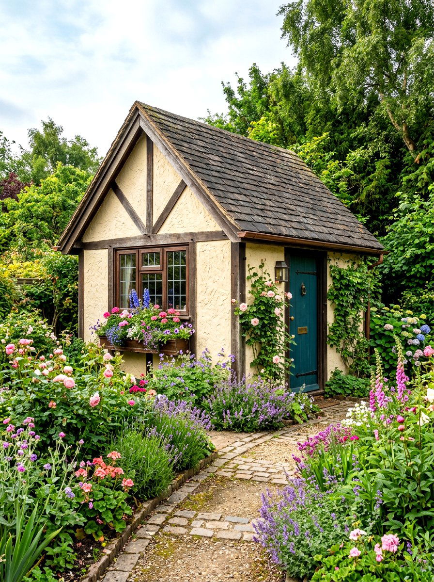 English Finish Stucco Backyard Shed - 30 textured stucco backyard ideas