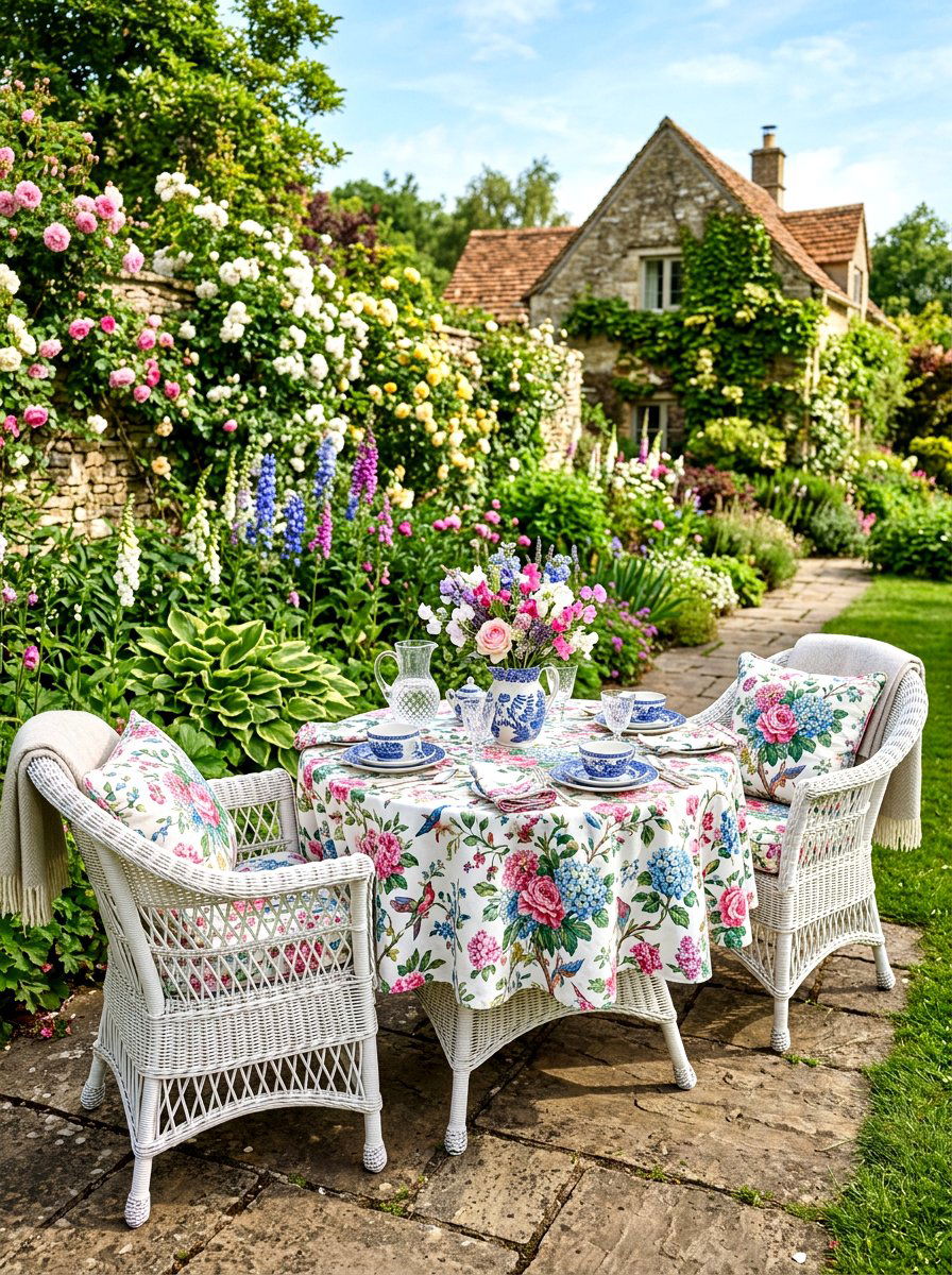 English Garden Chintz Table - 30 porch skirted table ideas