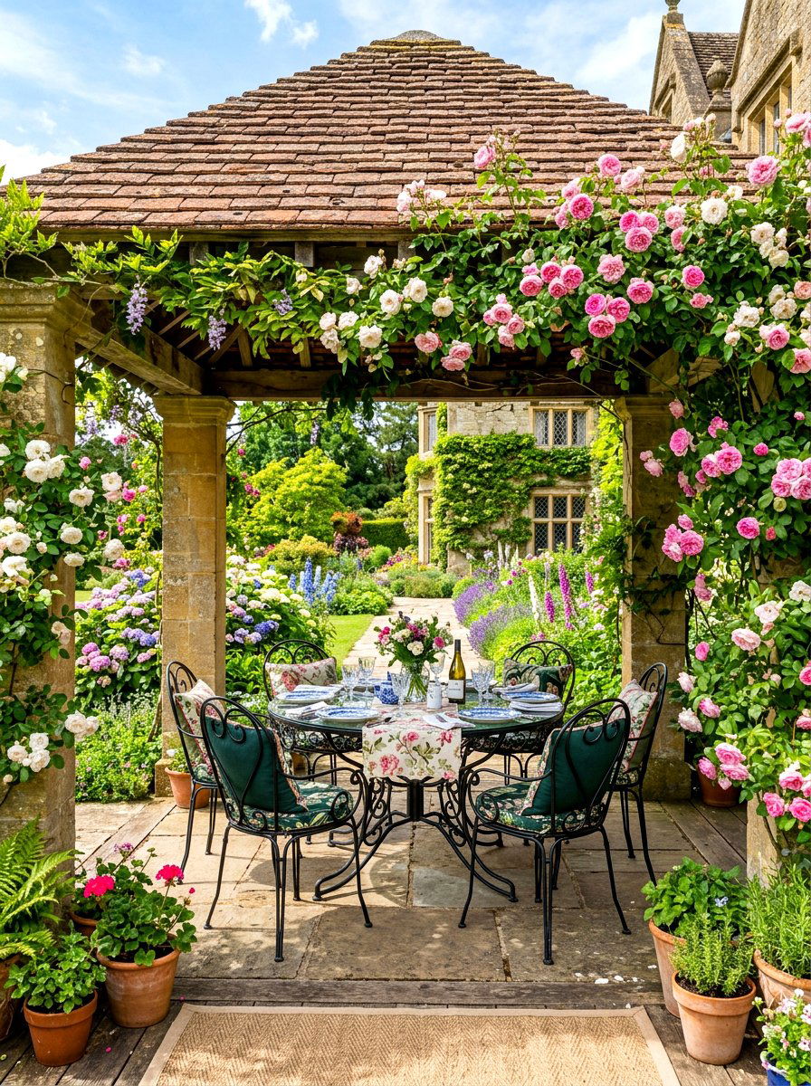 English Garden Deck - 30 covered deck dining ideas