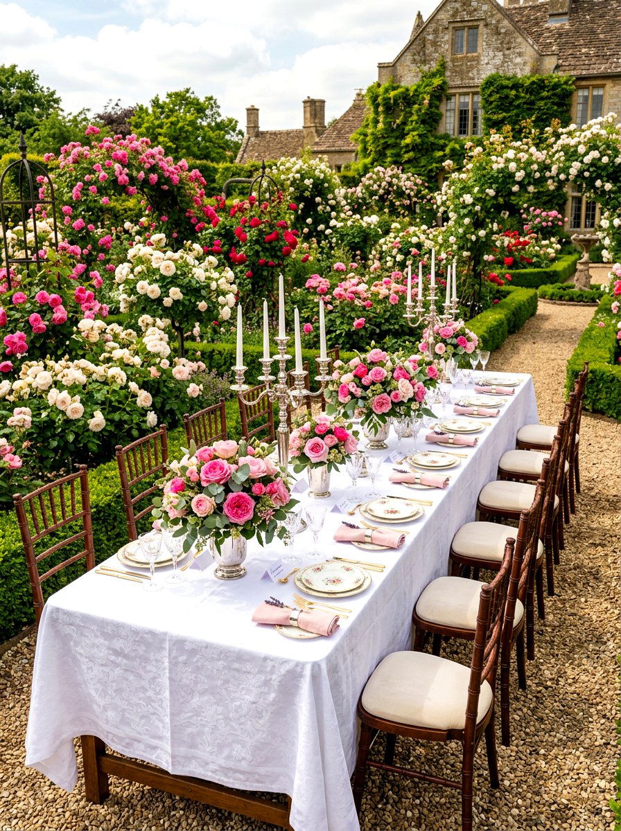 English Rose Garden Setting - 30 garden party tablescape ideas