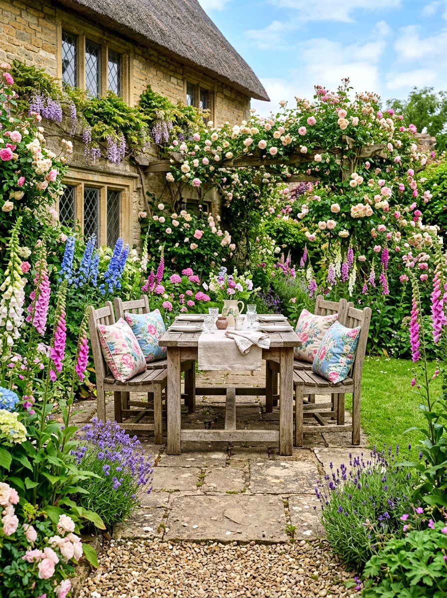 English cottage garden - 30 outdoor dining nook ideas