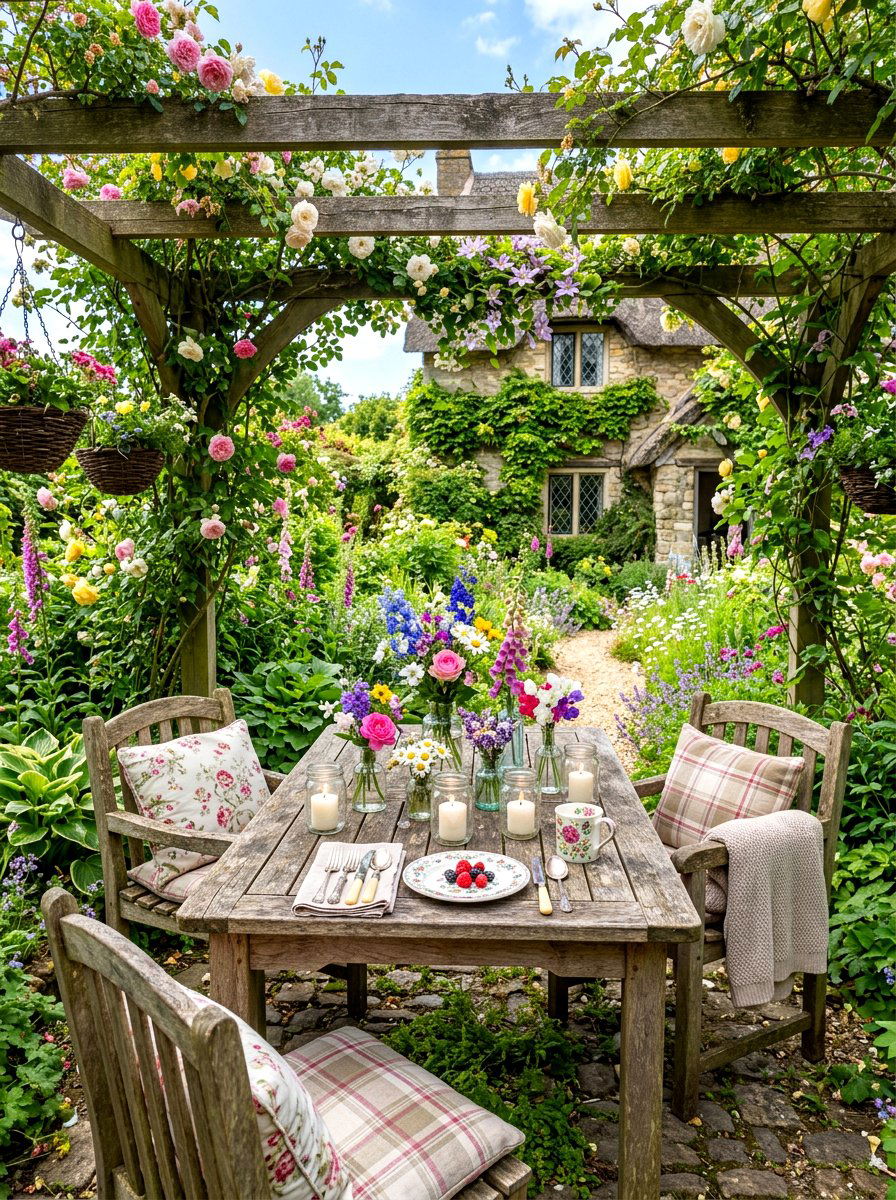 English cottage garden nook - 30 candlelit patio dinner ideas