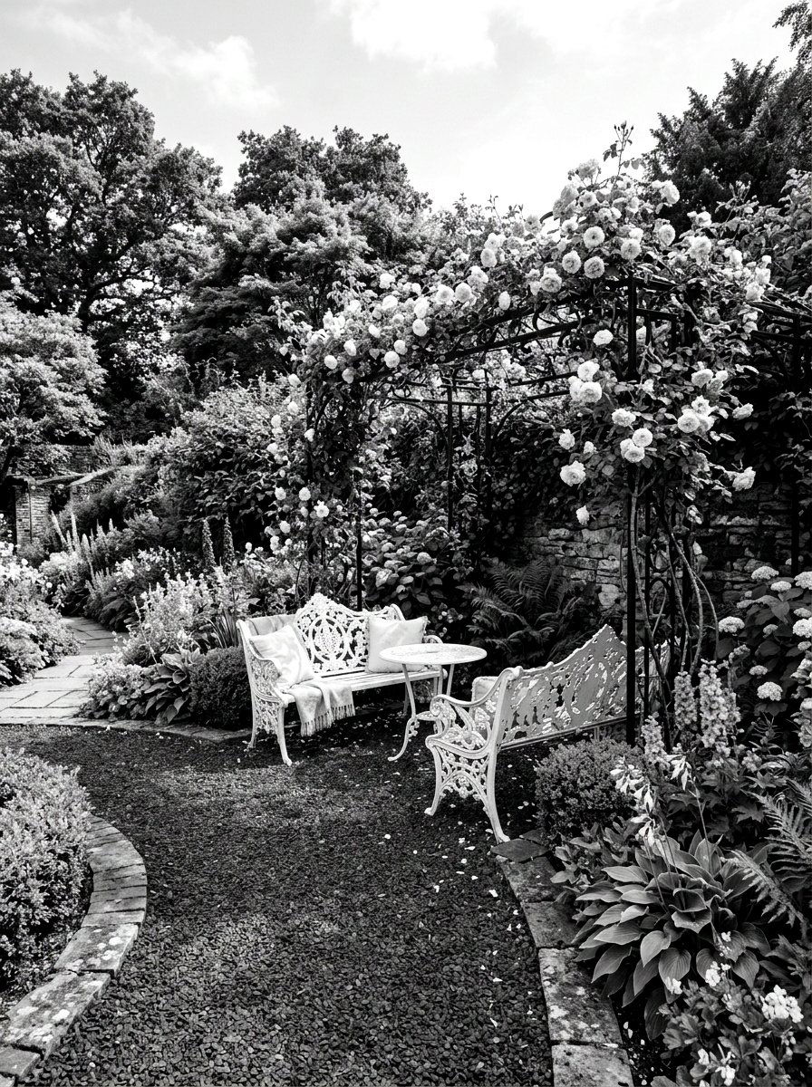 English garden monochrome sitting area - 30 black and white patio ideas