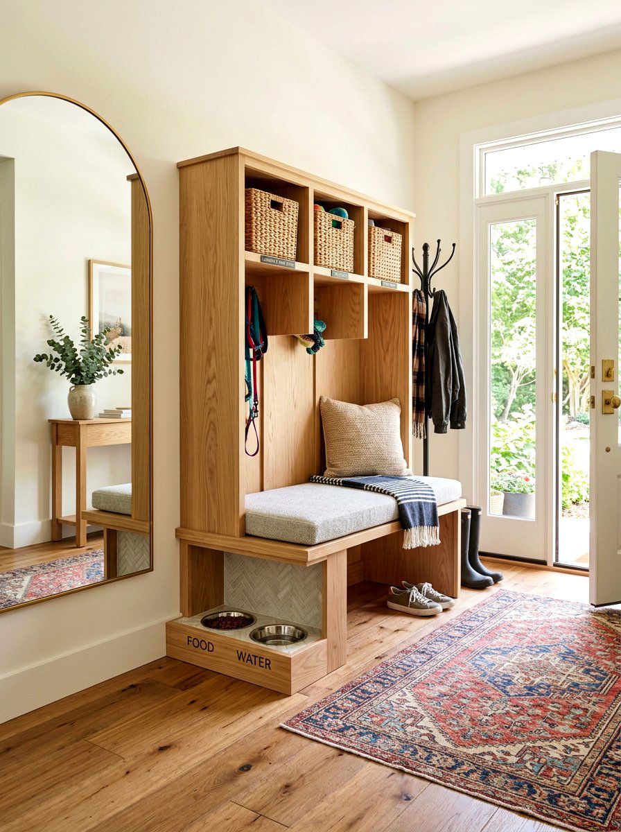 Entryway Bench Dog Bowl Setup - 30 pet feeding station ideas
