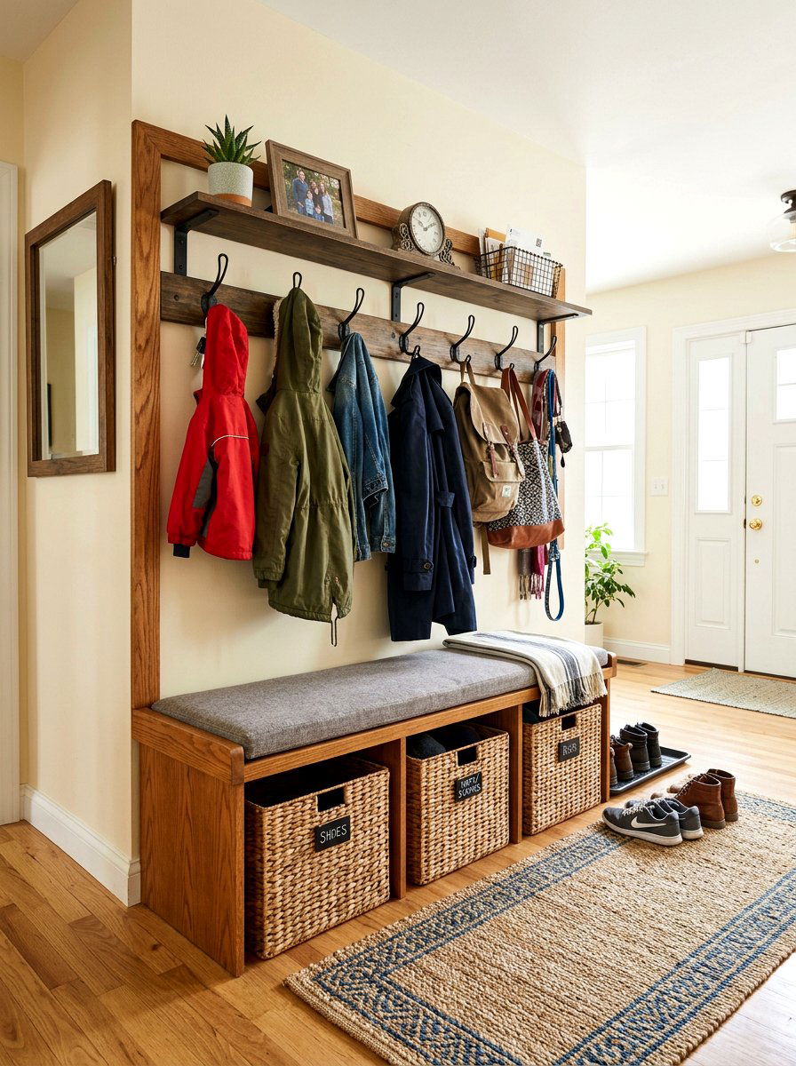 Entryway Bench With Wicker Baskets And Hooks - 30 entry bench and hooks ideas