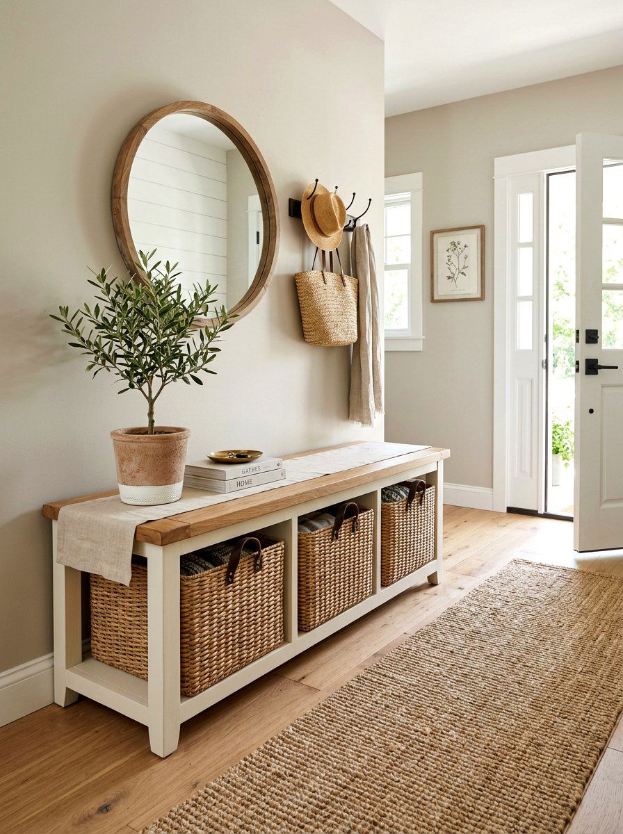 Entryway Bench With Wicker Baskets - 30 farmhouse entryway bench ideas