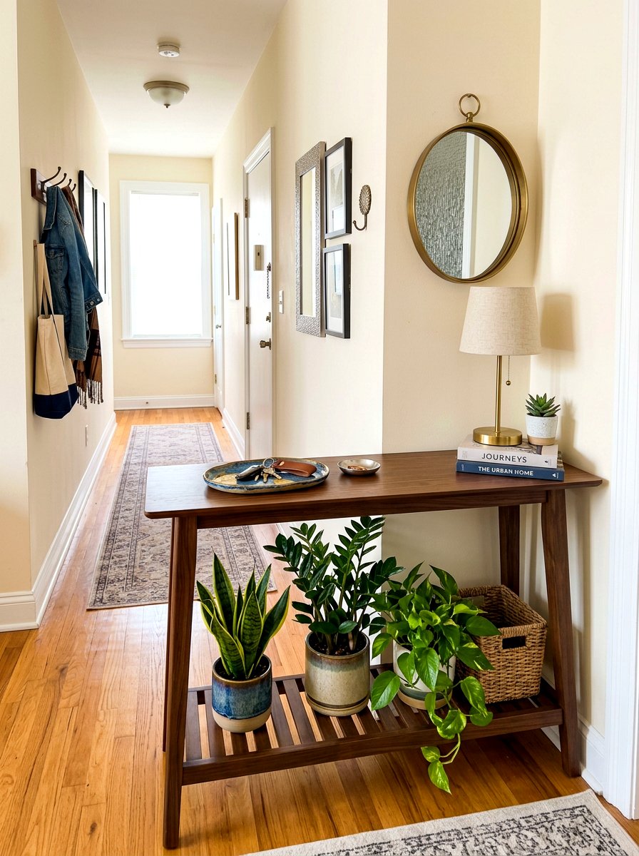 Entryway Console Table - 30 apartment plant shelf ideas