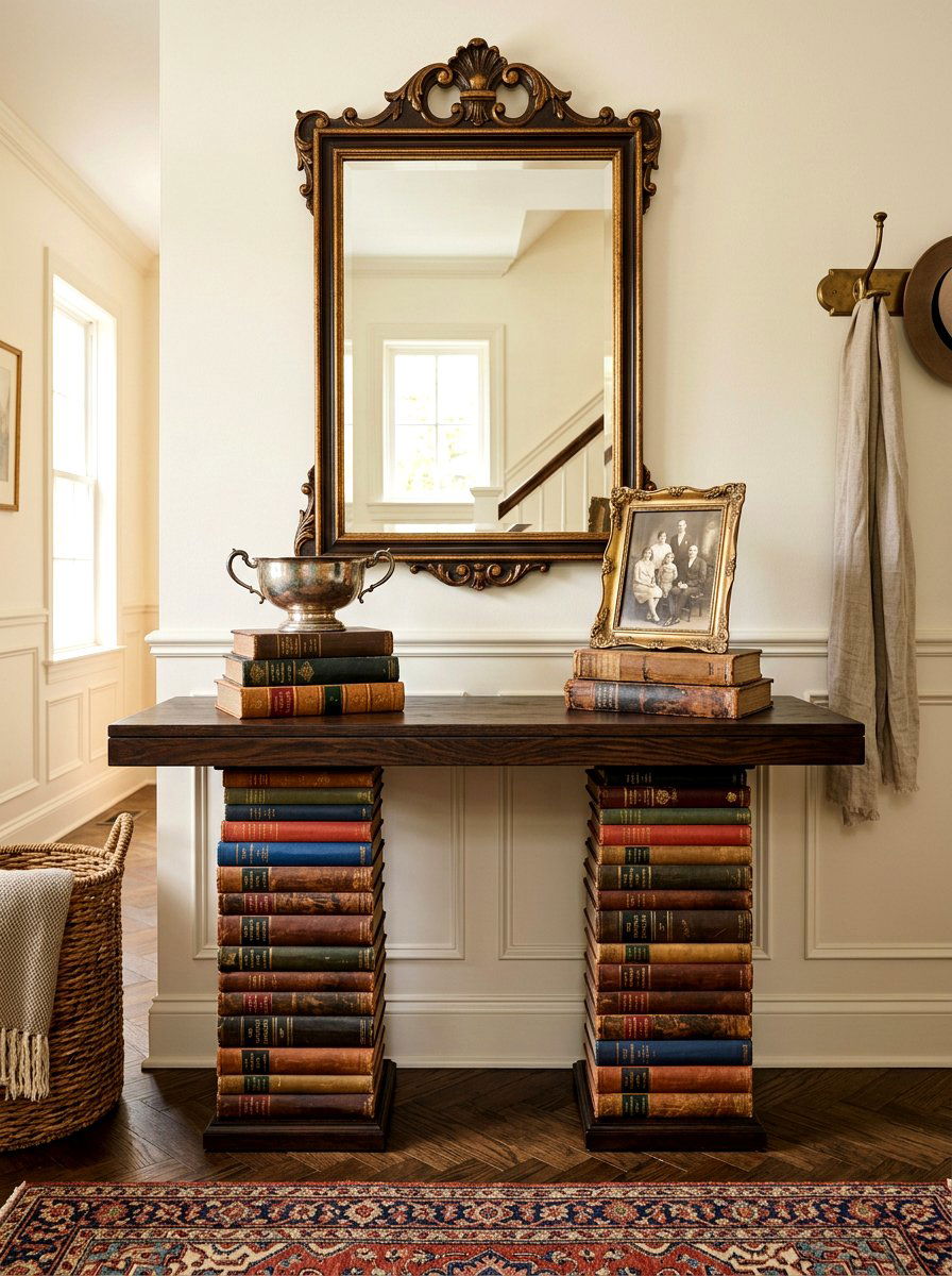 Entryway Console Table Using Vintage Book Pedestals - 30 vintage book decor ideas