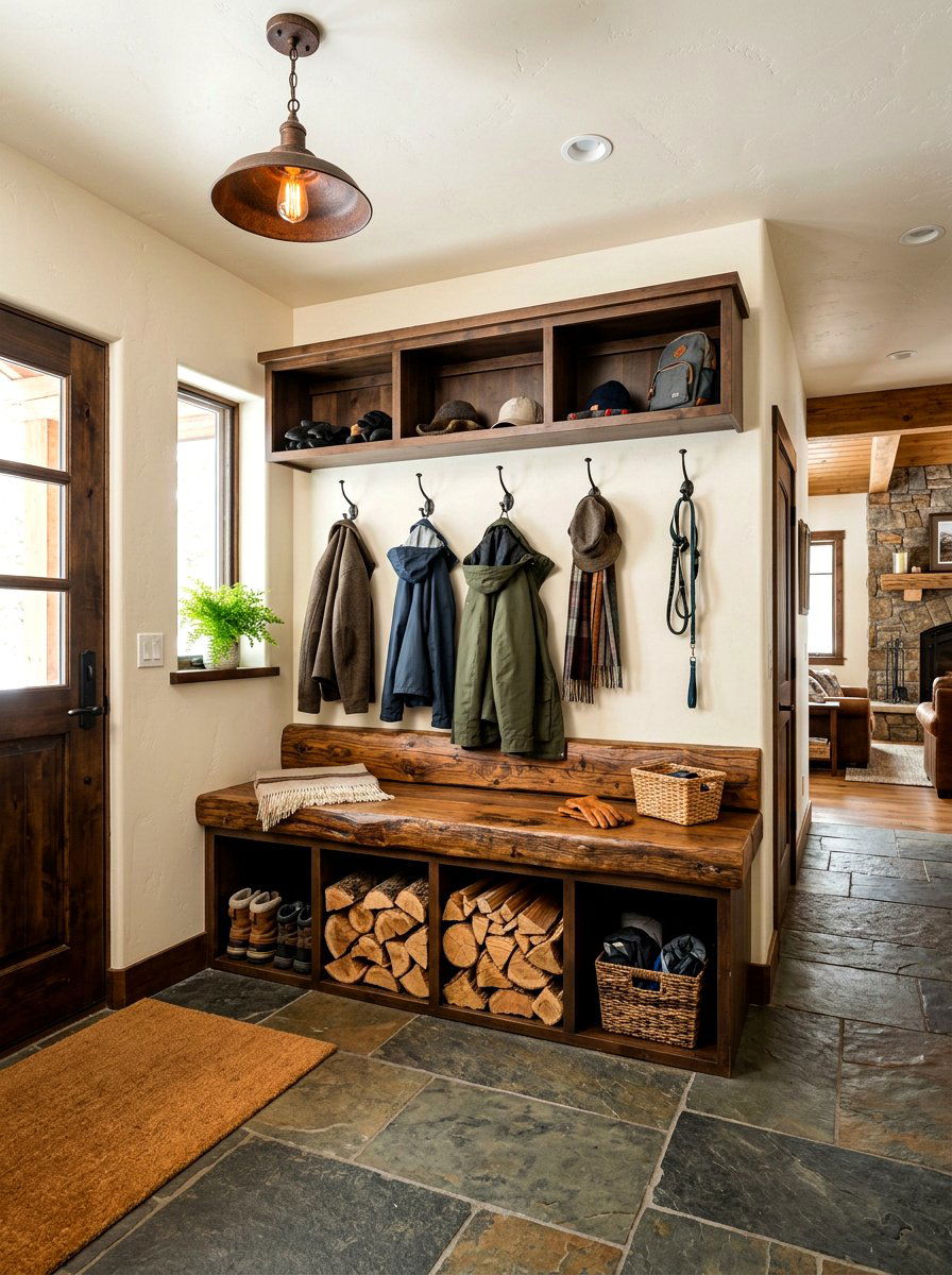 Entryway Mudroom Log Bench - 30 firewood storage wall ideas