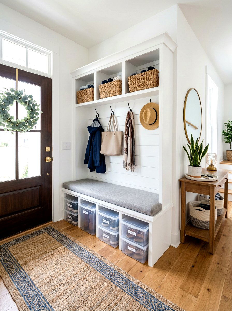 Entryway Mudroom Shoe Bins - 30 clear bin organization ideas
