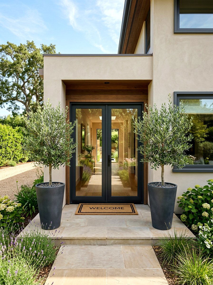 Entryway Potted Olives - 30 potted olive backyard ideas