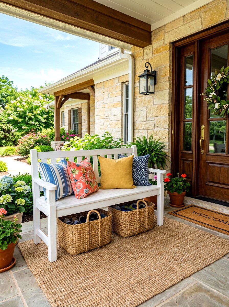 Entryway bench with storage baskets - 30 spring porch layering ideas
