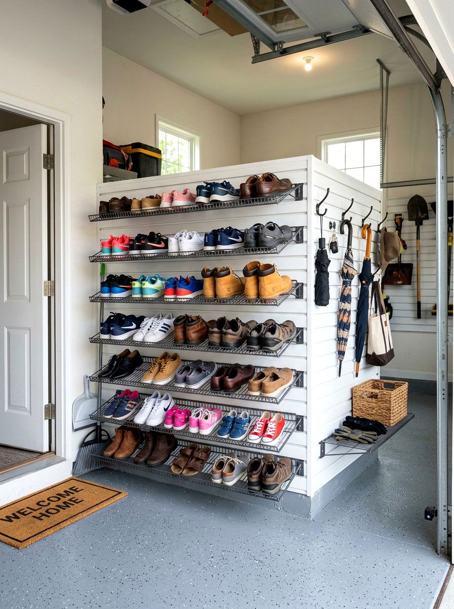 Entryway shoe storage system - 30 garage slatwall ideas