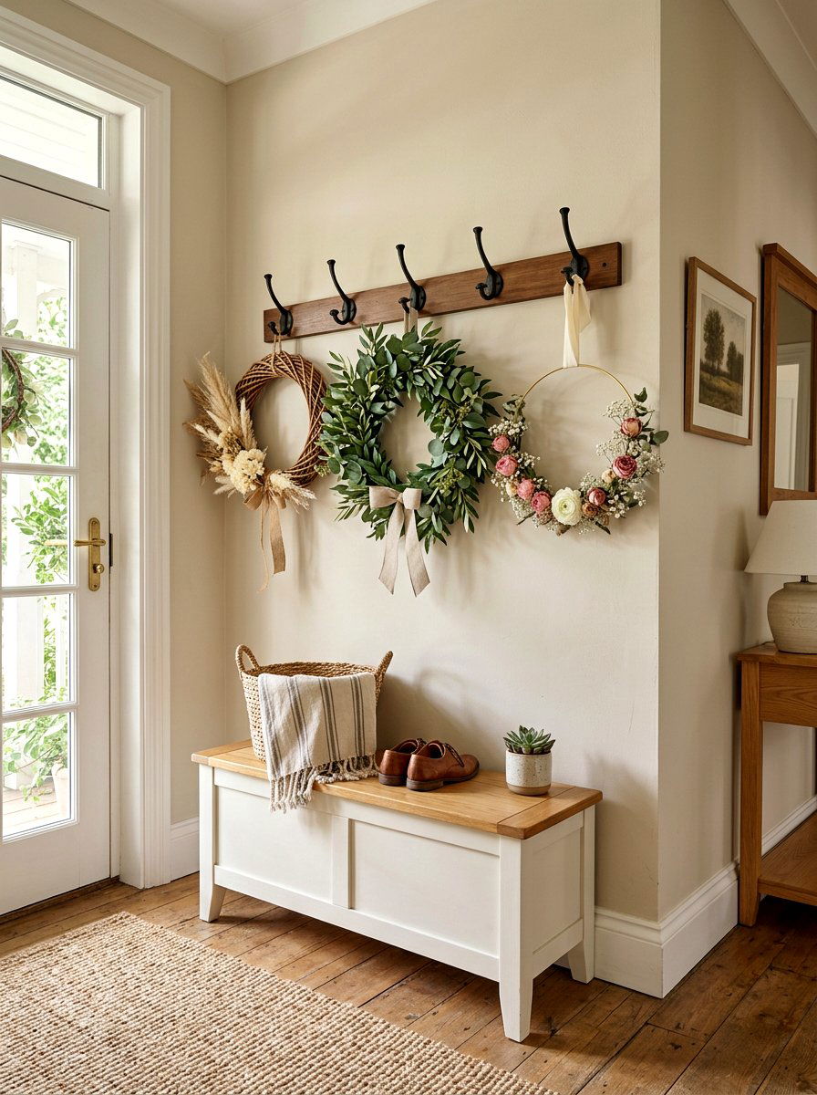 Entryway wreath hooks - 30 wreath wall display ideas