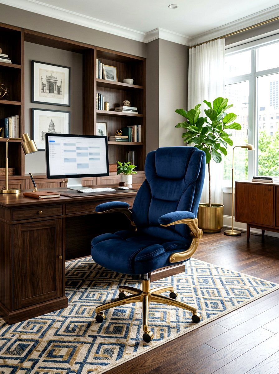 Ergonomic velvet chair - 30 renter friendly home office ideas