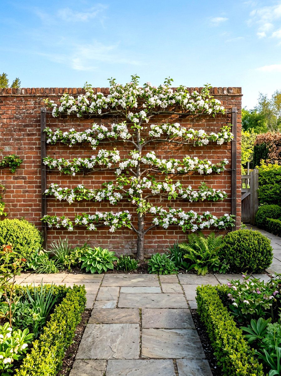Espalier apple tree wall - 30 orchard backyard aesthetic ideas