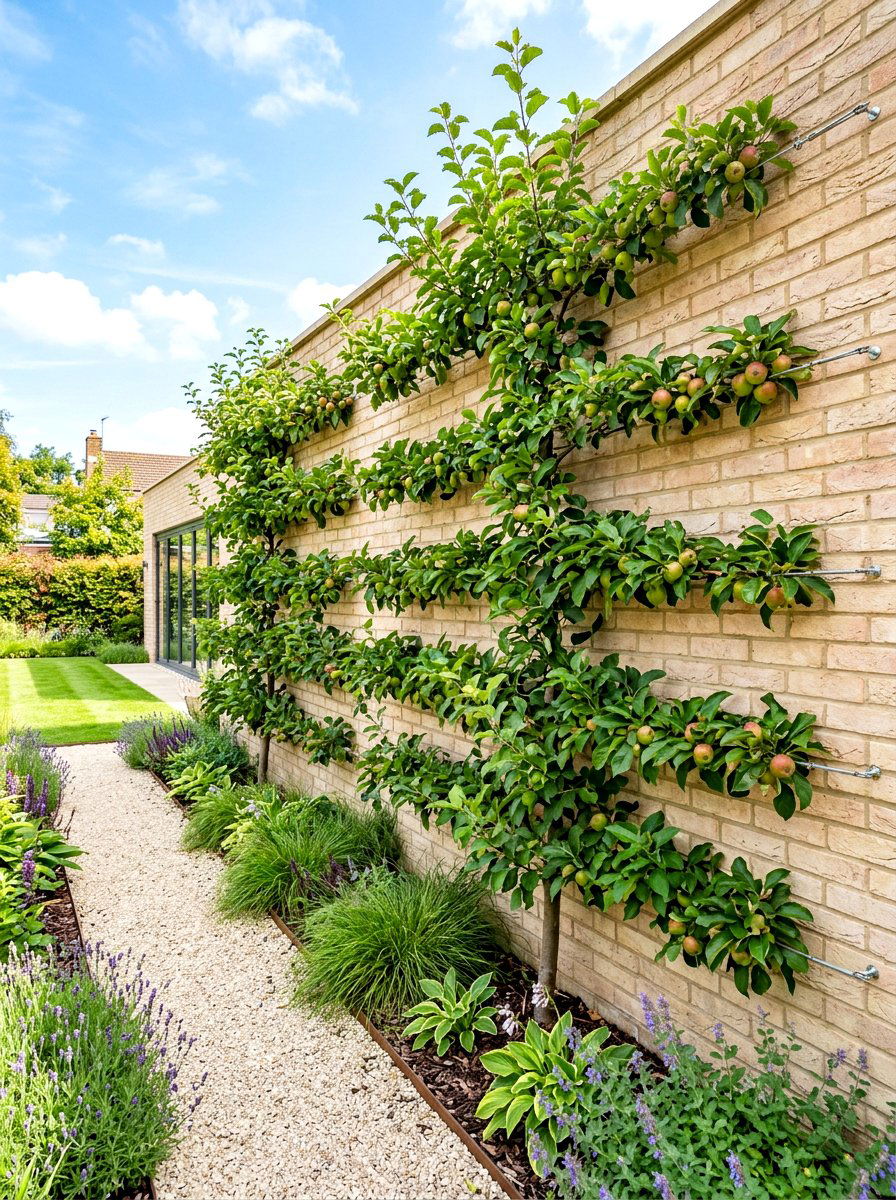 Espalier fruit tree wall - 30 long narrow backyard ideas
