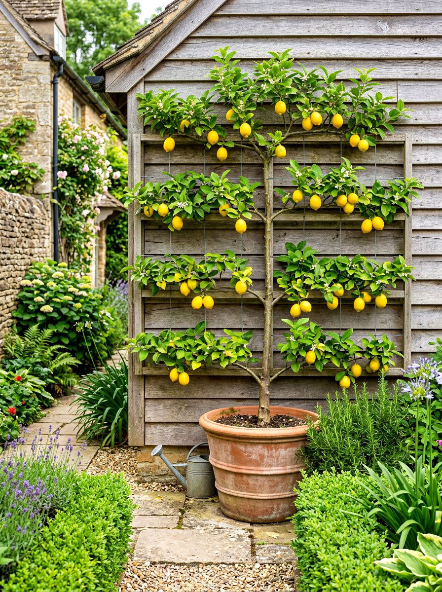 Espaliered Lemon Tree Pot - 30 potted citrus backyard ideas