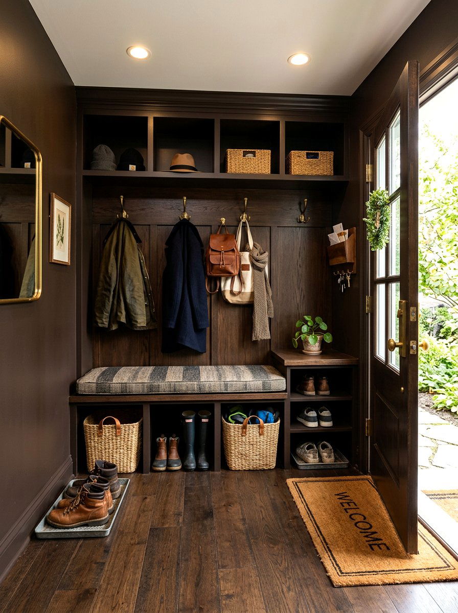 Espresso Brown Mudroom - 30 dark moody wall ideas