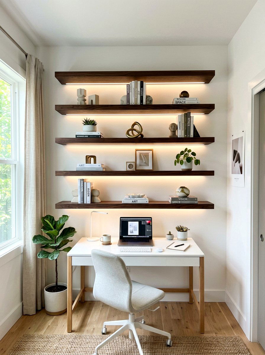 Espresso Floating Shelves - 30 dark wood office ideas