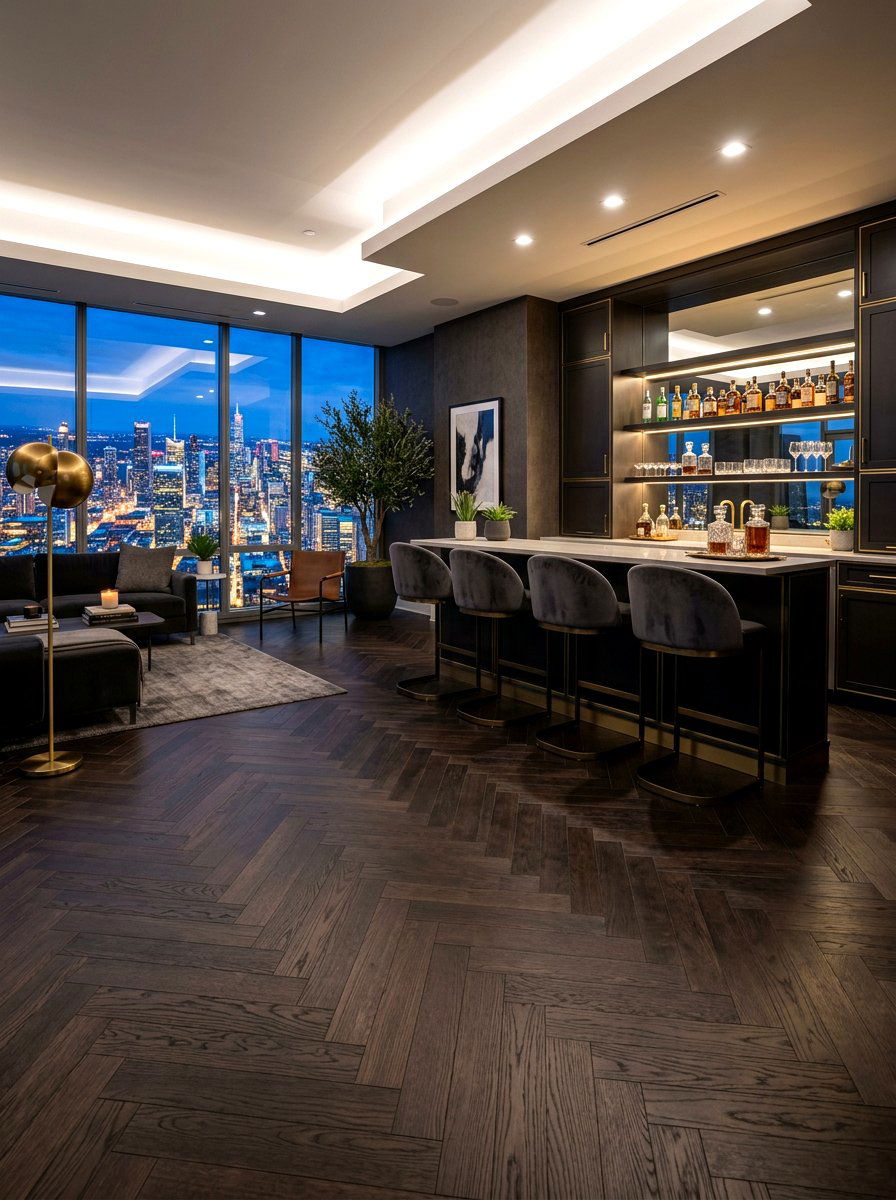Espresso Wood Herringbone Penthouse Lounge - 30 herringbone floor ideas