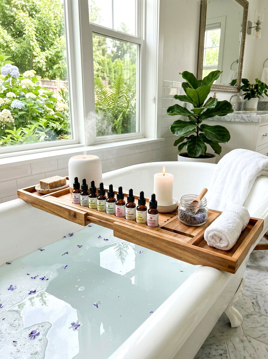 Essential Oil Bath Caddy - 30 bath tray styling ideas