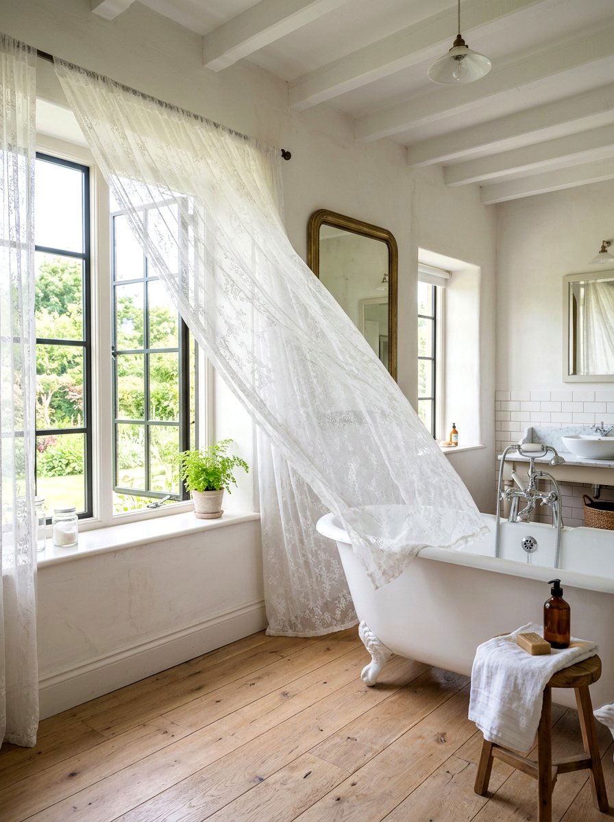 Ethereal White Curtains - 30 fairycore bathroom ideas