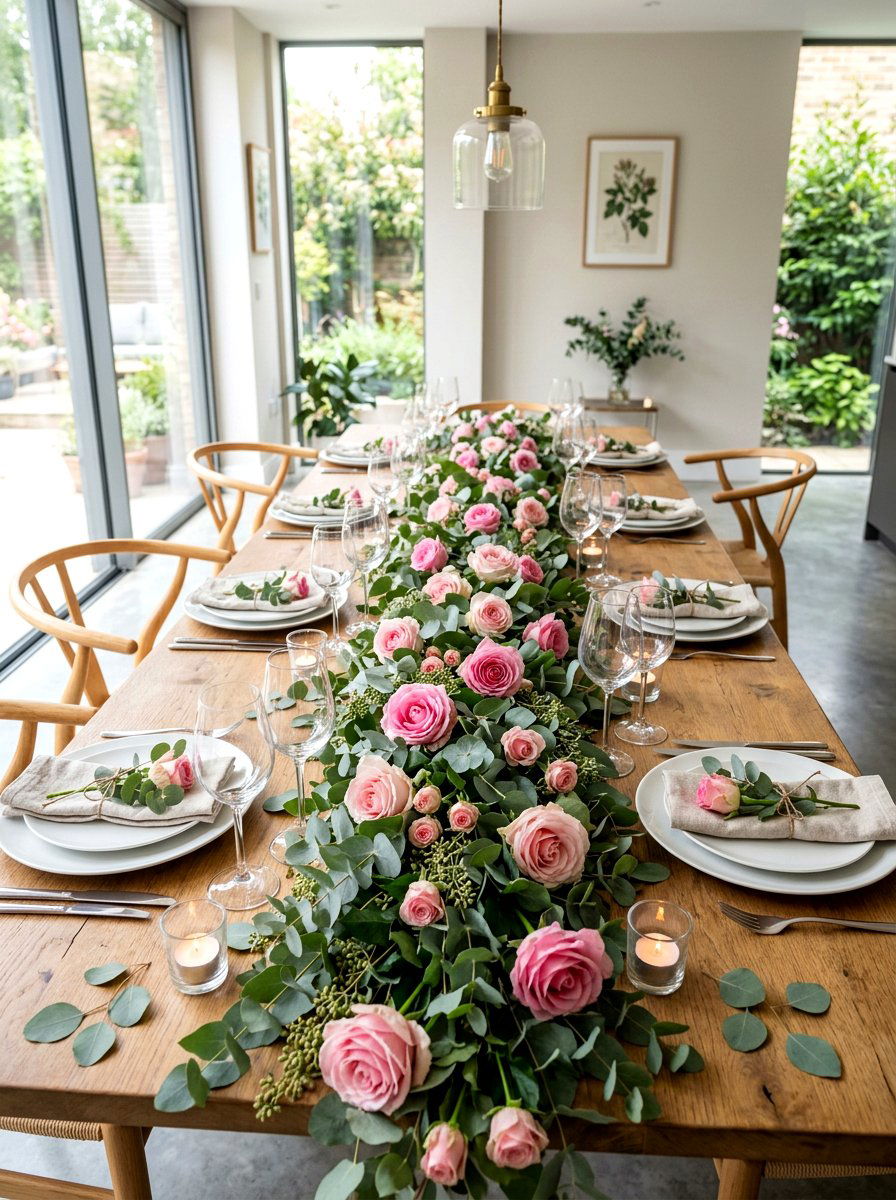 Eucalyptus And Pink Roses Table - 30 Galentine table decor ideas