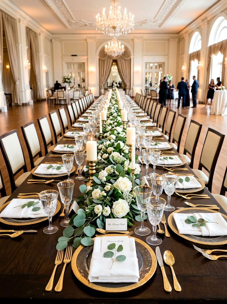 Eucalyptus And White Rose Table - 30 floral tablescape ideas