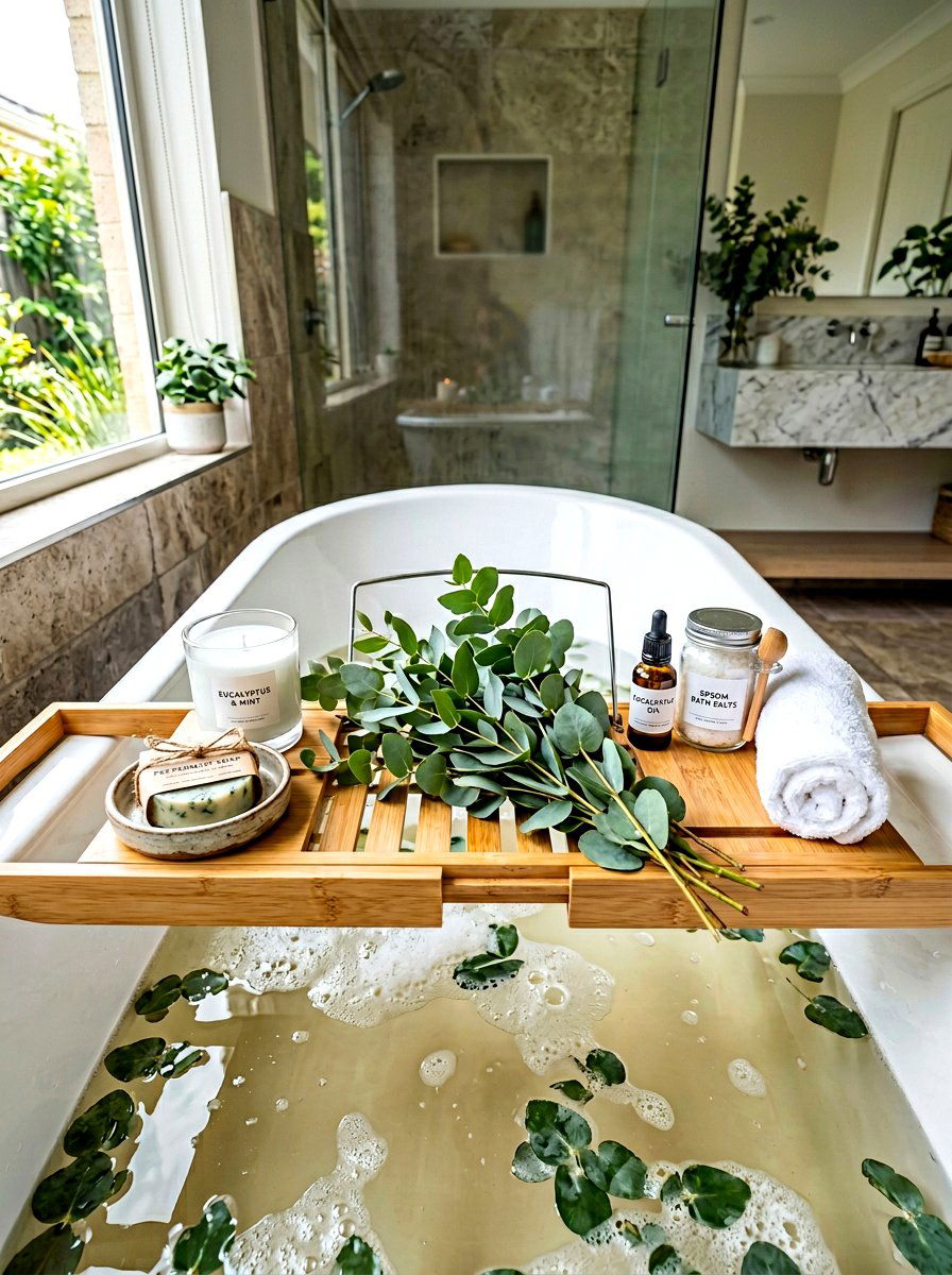 Eucalyptus Bath Tray Setup - 30 bath tray styling ideas