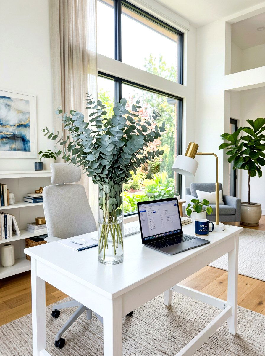 Eucalyptus Branches In Vases - 30 home office plant ideas