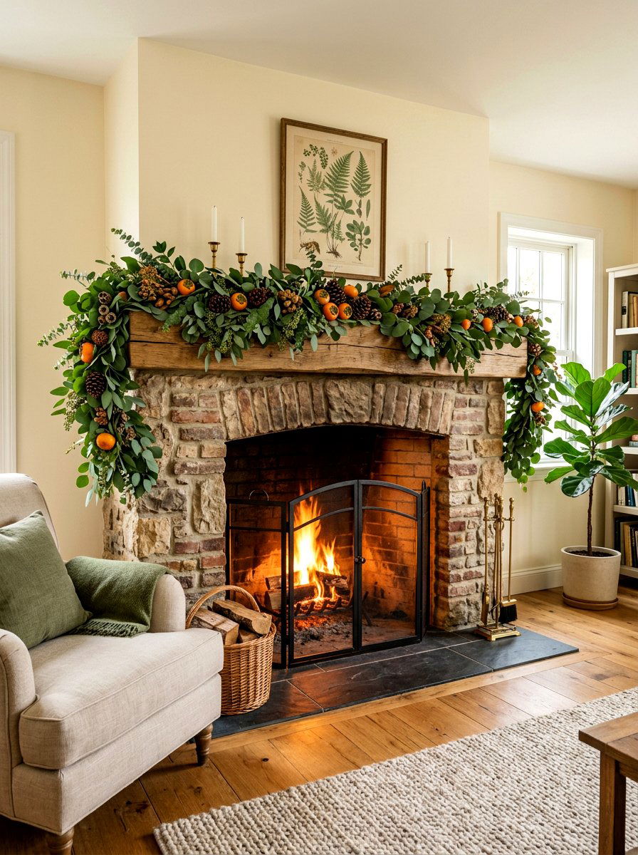 Eucalyptus Garland Drape - 30 fall mantel layering ideas