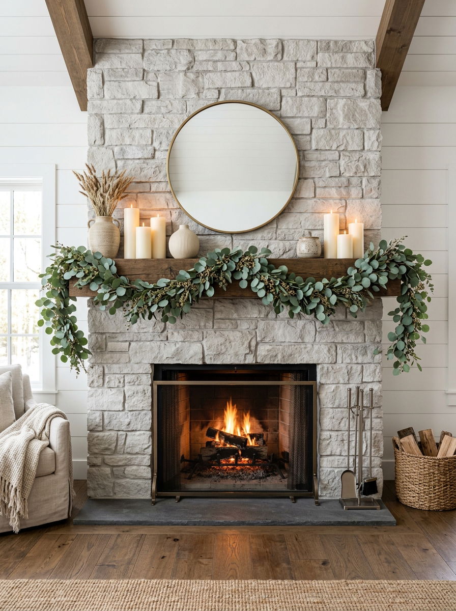 Eucalyptus Garland Mantel - 30 winter greenery decor ideas