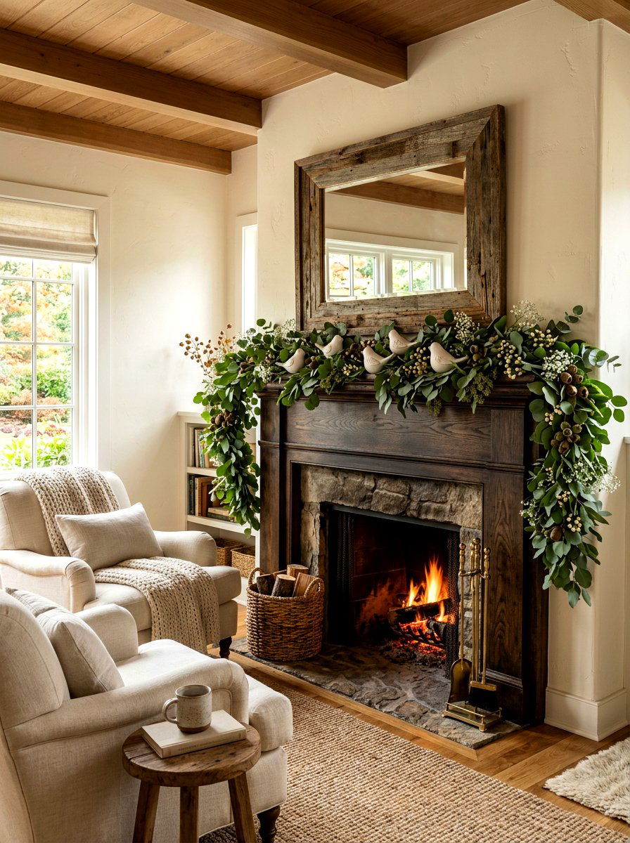 Eucalyptus Garland Mantel - 30 spring mantel styling ideas
